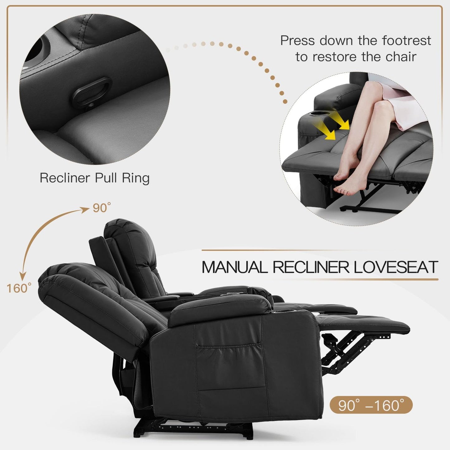 YODOLLA Black Reclining Sofa w/ Bluetooth, Black