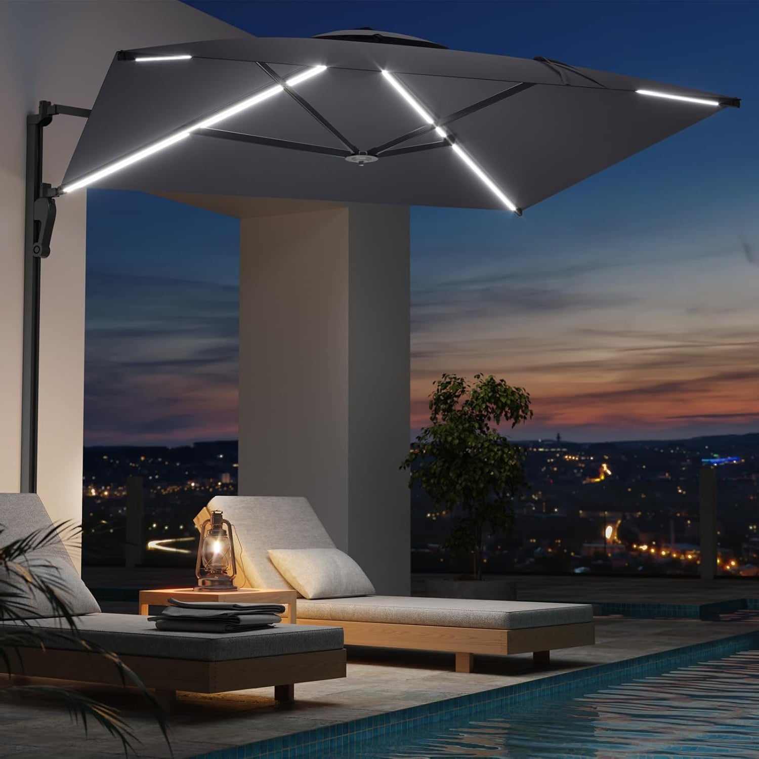 YODOLLA 10ft Solar LED Cantilever Patio Umbrella, Rectangular Wall Mou