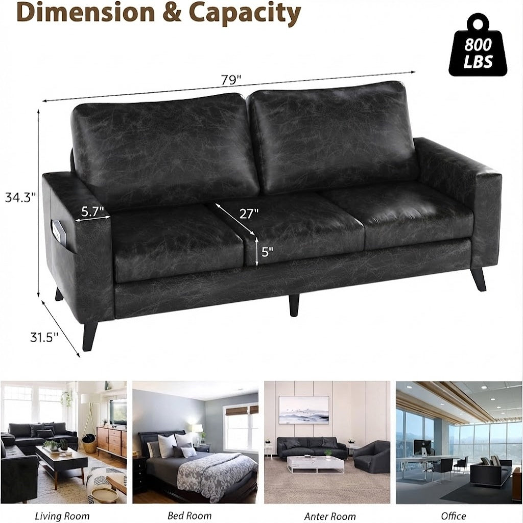 YODOLLA 79" 3-Seat Faux Leather Couch Modern Sofa, Black
