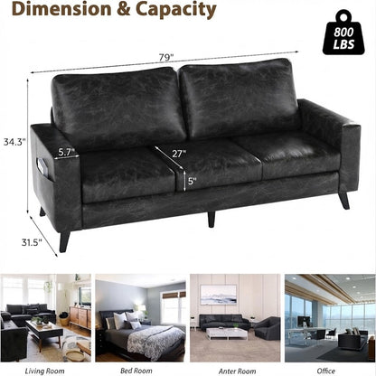 YODOLLA 79" 3-Seat Faux Leather Couch Modern Sofa, Black