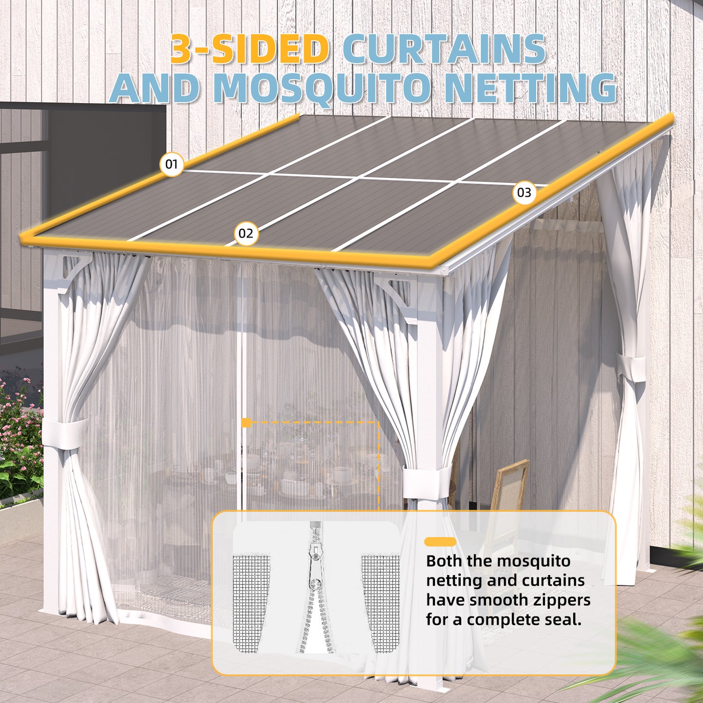 YODOLLA 8'x8' Outdoor Lean to Gazebo Pergola with Curtain and Netting for Patio, White