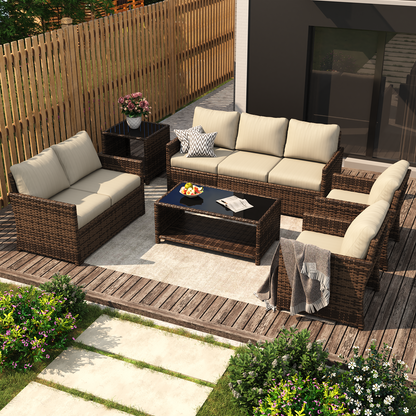 YODOLLA Patio Furniture Set with Two Table 7 PCS Outdoor Furniture, Brown Ranttan Beige Cushion