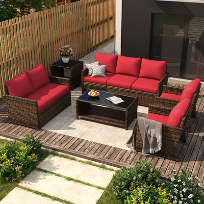 YODOLLA Patio Furniture Set with Two Table 7 PCS Outdoor Furniture, Brown Ranttan Red Cushion