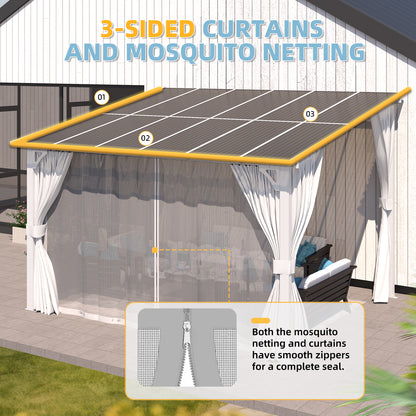 YODOLLA 12'x8' Outdoor Lean to Gazebo Pergola with Curtain and Netting for Patio, White