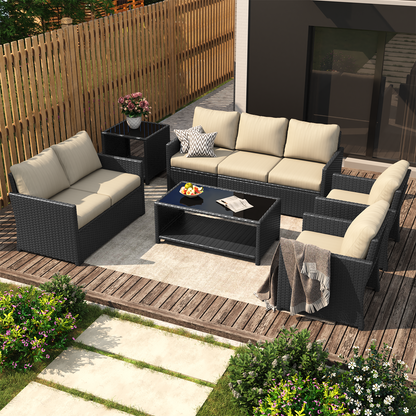 YODOLLA Patio Furniture Set with Two Table 7 PCS Outdoor Furniture, Black Ranttan Beige Cushion