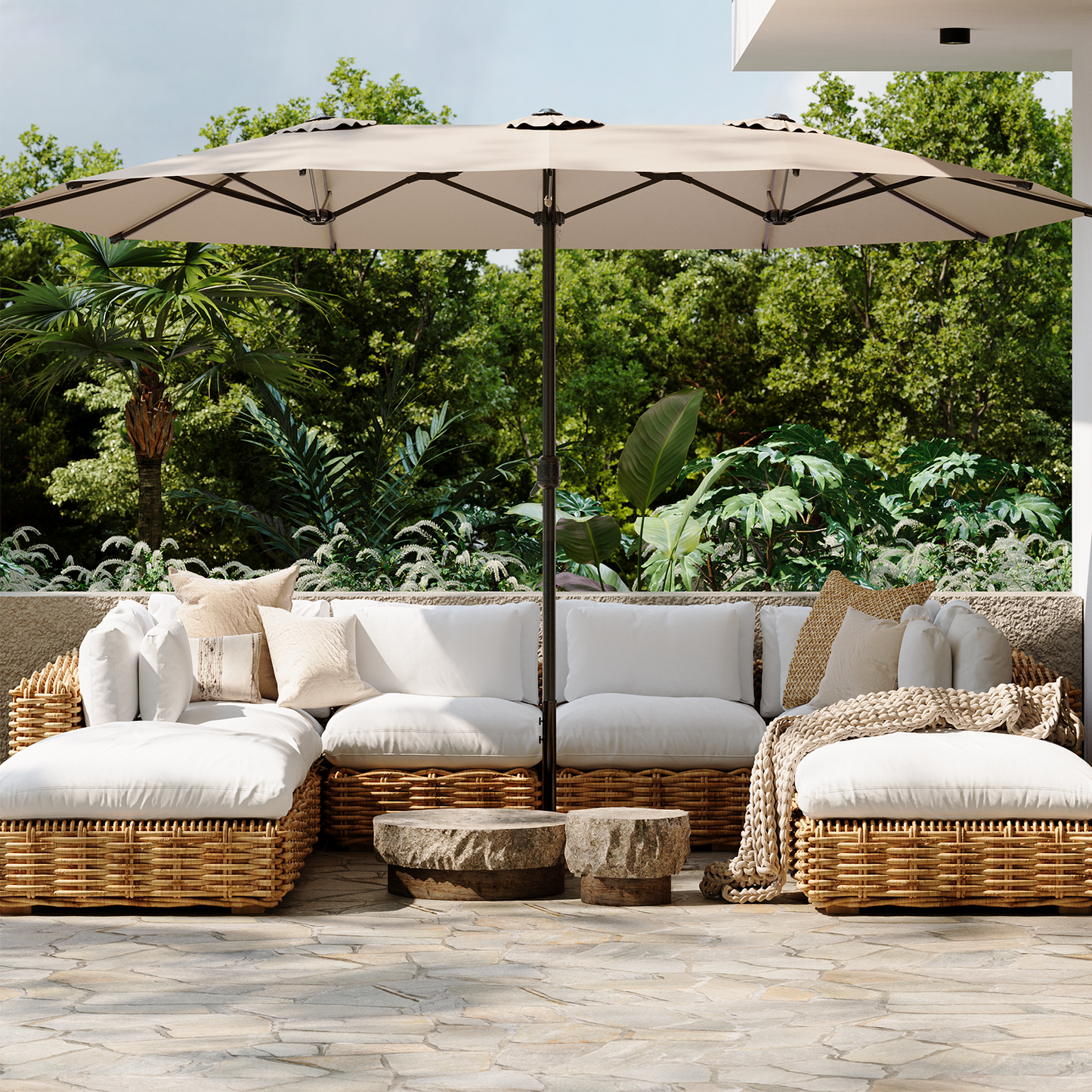 YODOLLA 15x9ft Double-Sided Patio Umbrella, Beige