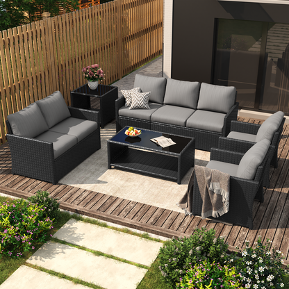 YODOLLA Patio Furniture Set with Two Table 7 PCS Outdoor Furniture, Black Ranttan Gray Cushion