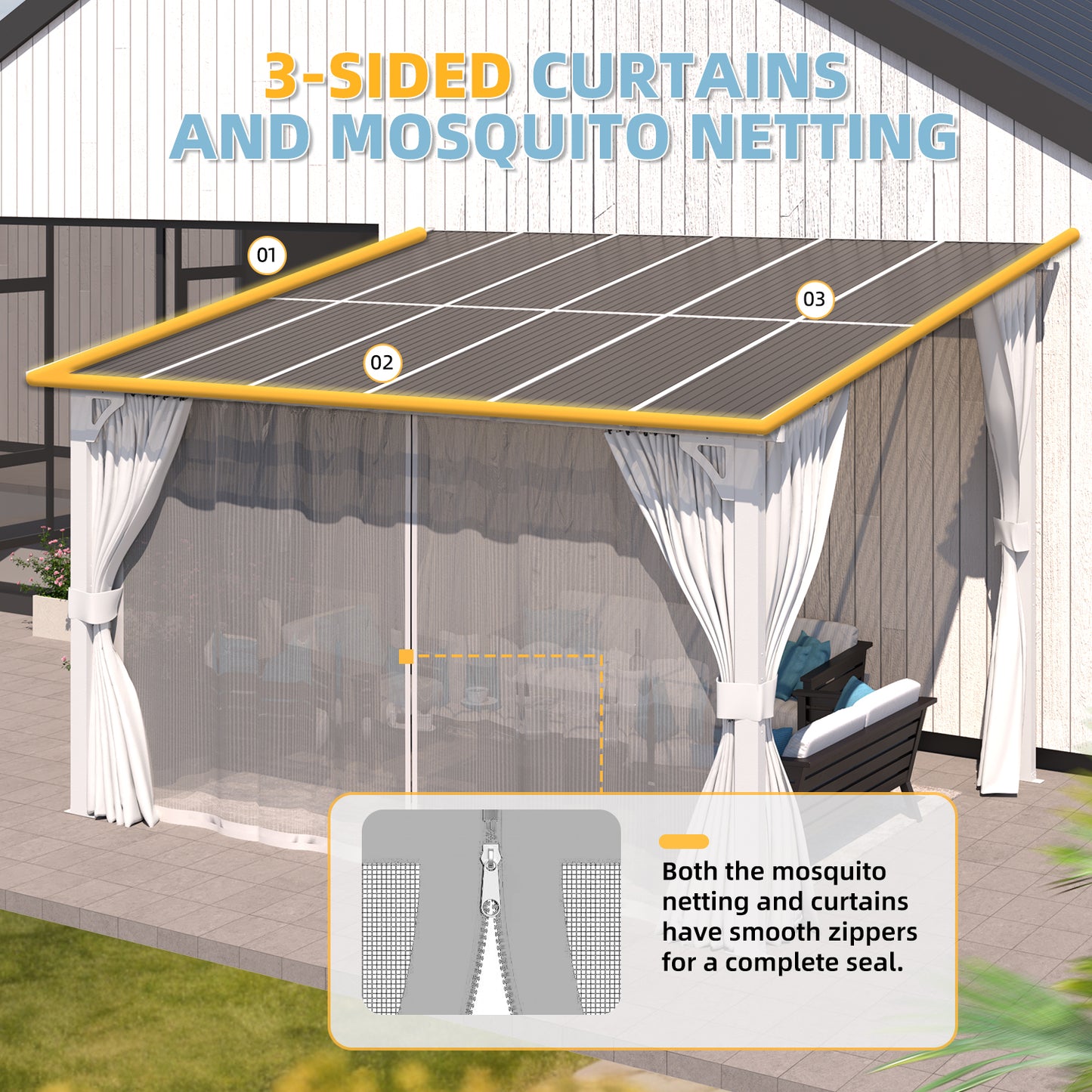YODOLLA 12'x10' Outdoor Lean to Gazebo Pergola with Curtain and Netting for Patio, White