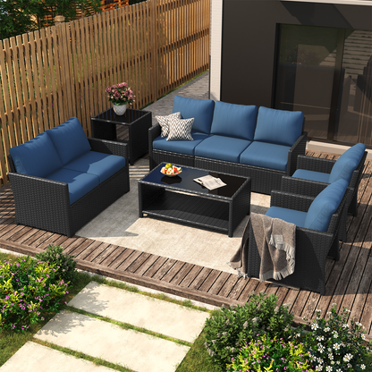 YODOLLA Patio Furniture Set with Two Table 7 PCS Outdoor Furniture, Black Ranttan Blue Cushion