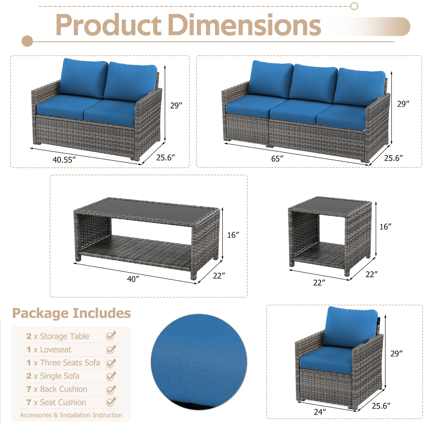 YODOLLA Patio Furniture Set with Two Table 7 PCS Outdoor Furniture, Gray Ranttan Blue Cushion