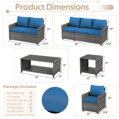 YODOLLA Patio Furniture Set with Two Table 7 PCS Outdoor Furniture, Gray Ranttan Blue Cushion