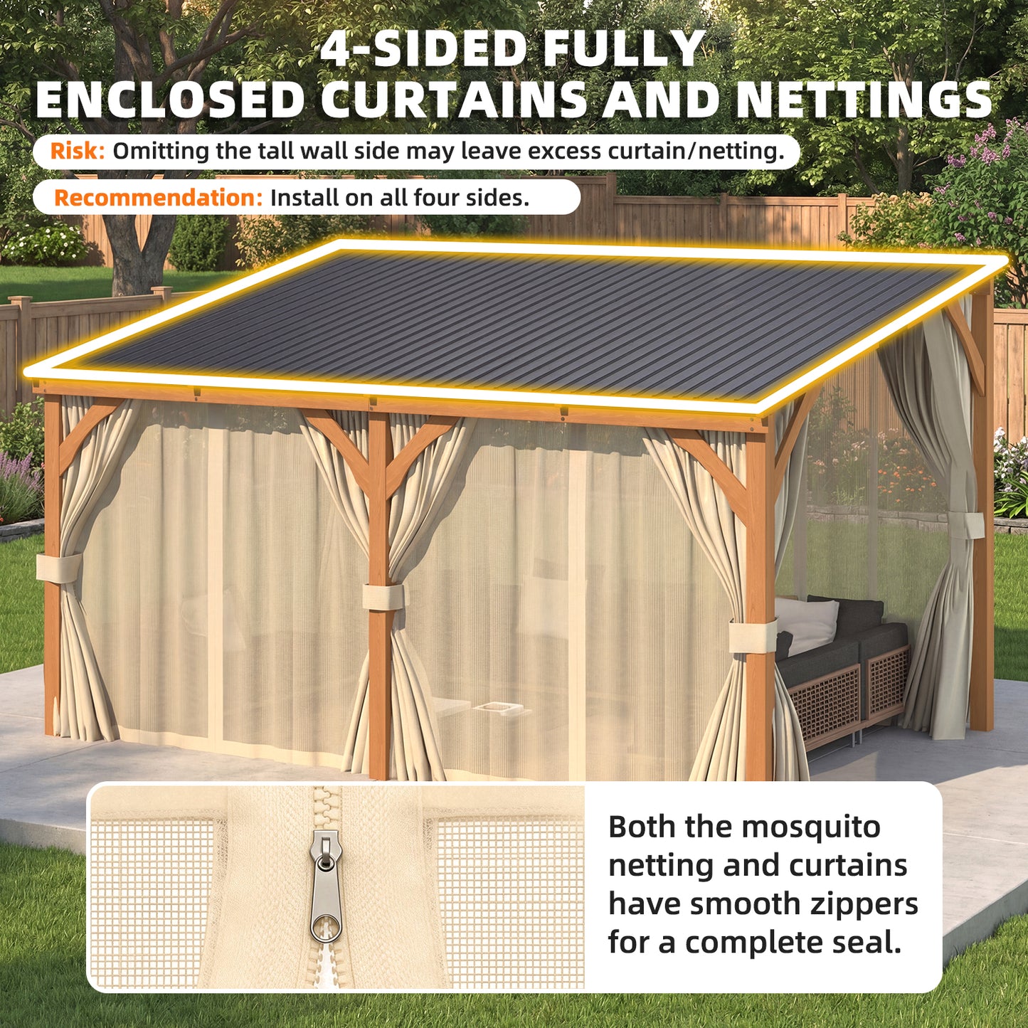 YODOLLA 10x14 Outdoor Wooden Pergola Gazebo with Curtains and Netting for Patio