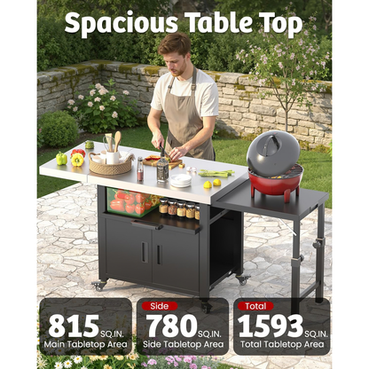 YODOLLA Outdoor Kitchen Island with Cabinet and 2 Side Table Movable Bar Cart