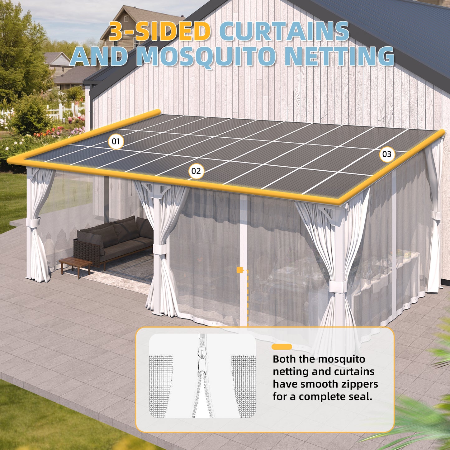 YODOLLA 20'x10' Outdoor Lean to Gazebo Pergola with Curtain and Netting for Patio, White