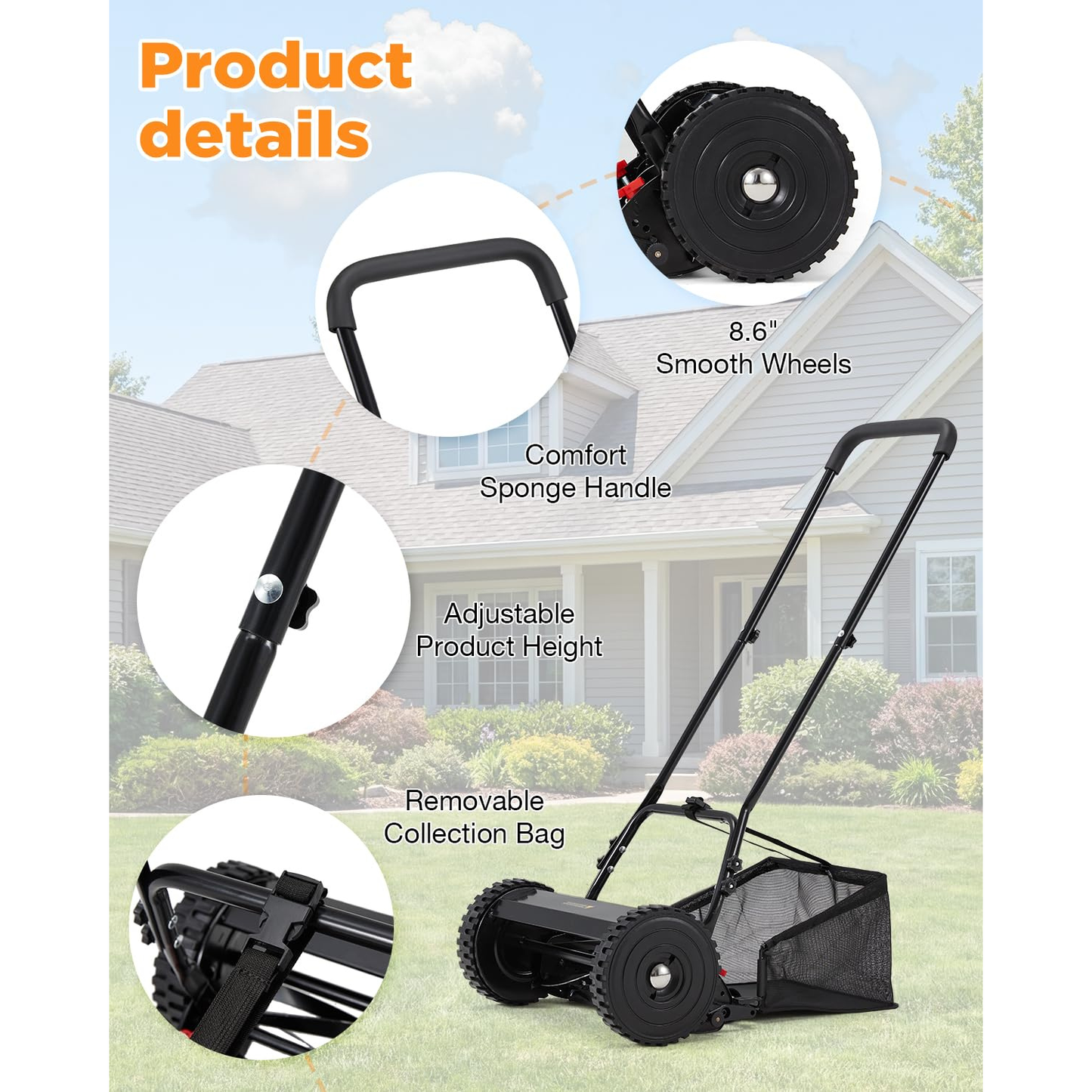 YODOLLA 16-Inch Manual Lawn Mower, 5 Blades Push Reel Lawn Mower