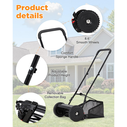 YODOLLA 16-Inch Manual Lawn Mower, 5 Blades Push Reel Lawn Mower