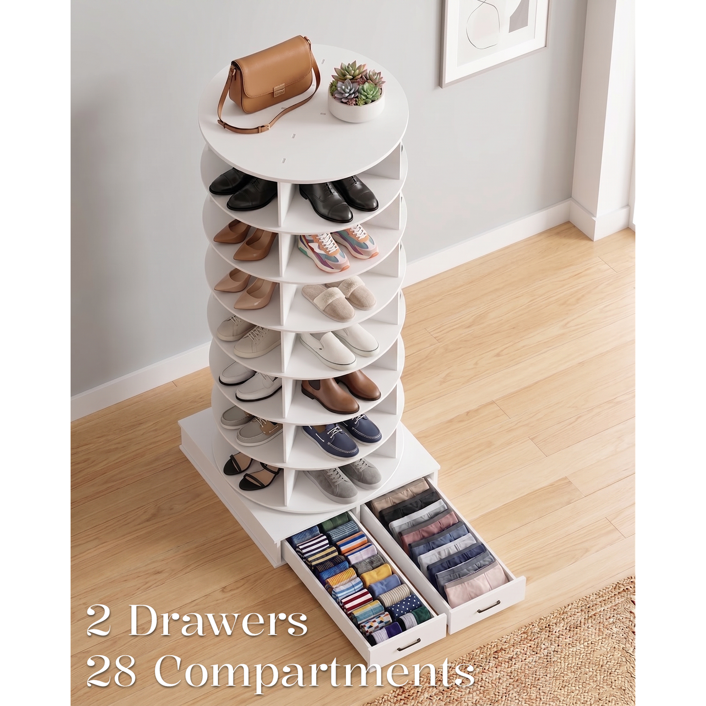 YODOLLA 8 Tier Rotating Shoe Rack Contains 2 Drawers Shoe Tower Organizer