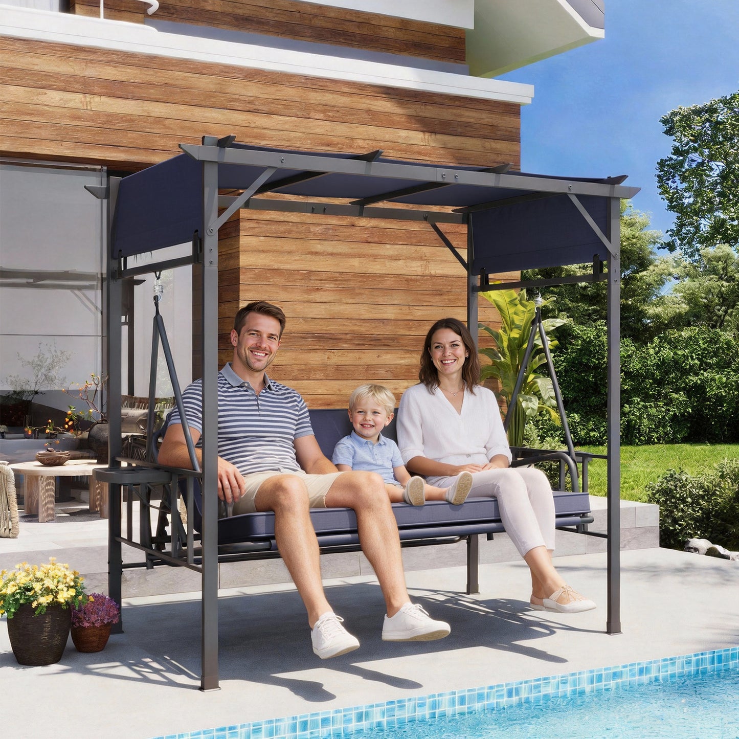 YODOLLA 2-in-1 Convertible Porch Swing Bed 3 Seat, Outdoor Patio Metal Pergola Swing