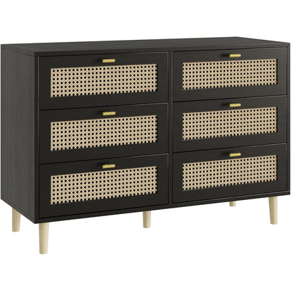 YODOLLA 6-Drawer Wicker Dresser – Rattan Storage with Natural Wood, Black YODOLLA 6-Drawer Wicker Dresser – Rattan Storage with Natural Wood, Black