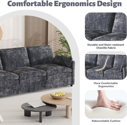 YODOLLA 89" Chenille Sofa, 3-Seater, 2 Removable Pillows, Black