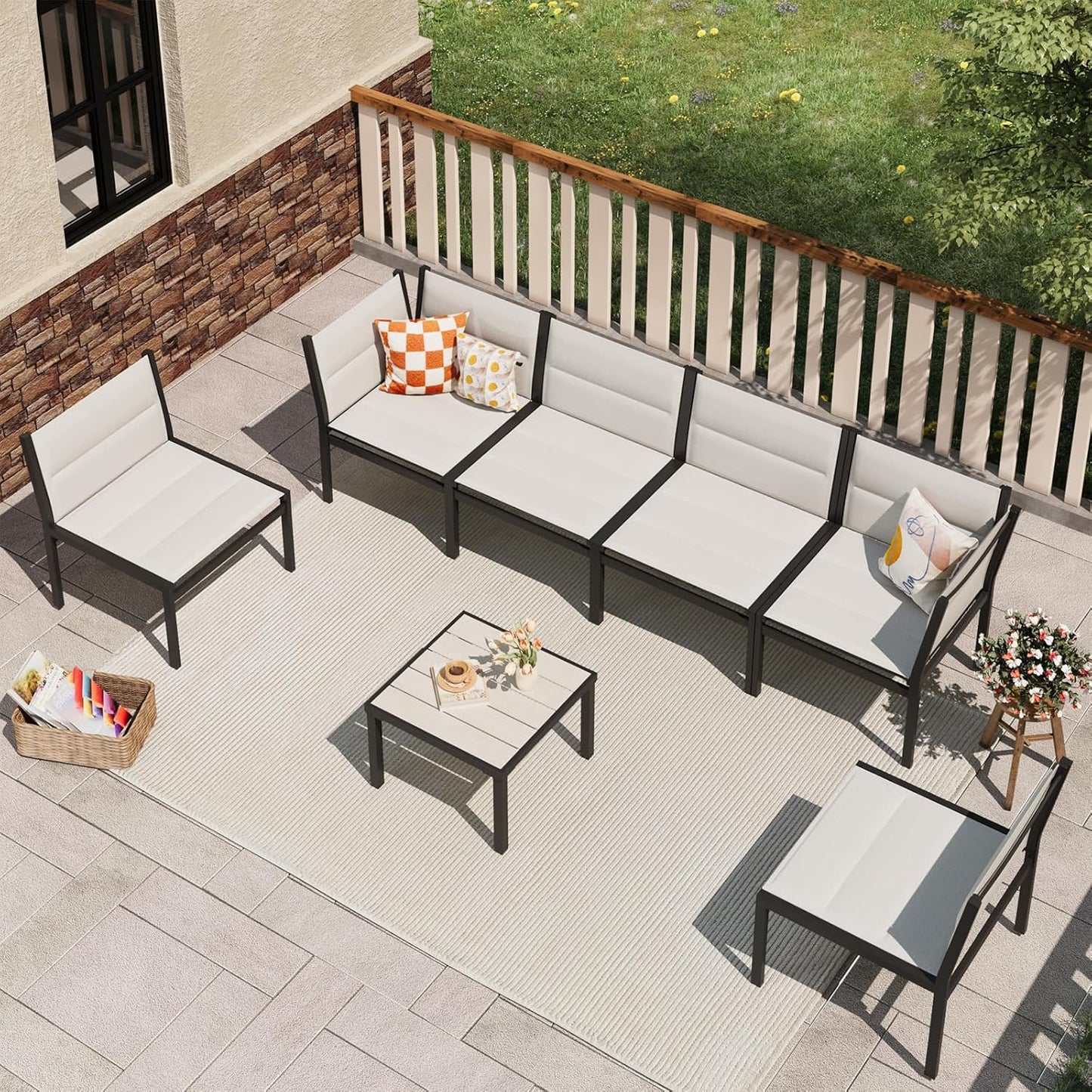 YODOLLA 7-Pc Sectional Patio Set Textilene Fabric, Off-White