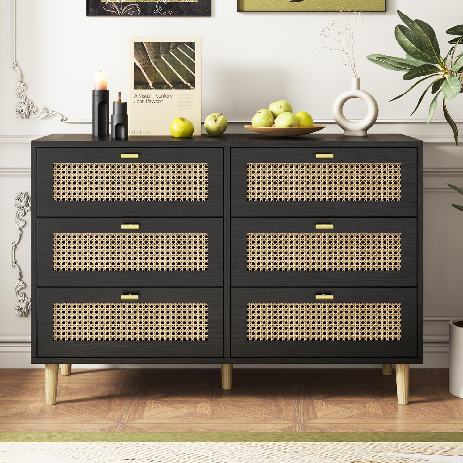 YODOLLA 6-Drawer Wicker Dresser Rattan Storage with Natural Wood, Black YODOLLA 6-Drawer Wicker Dresser Rattan Storage with Natural Wood, Black