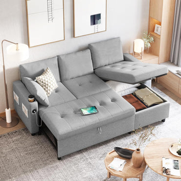 YODOLLA L-Shaped Sleeper Sofa, Pullout Bed, USB & Storage, Grey