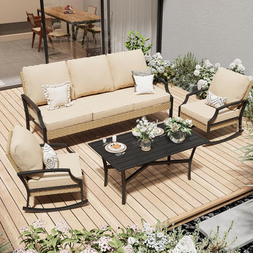 YODOLLA Outdoor Patio Furniture Set, 4 Piece Rattan Conversation Bistro Set with Coffee Table