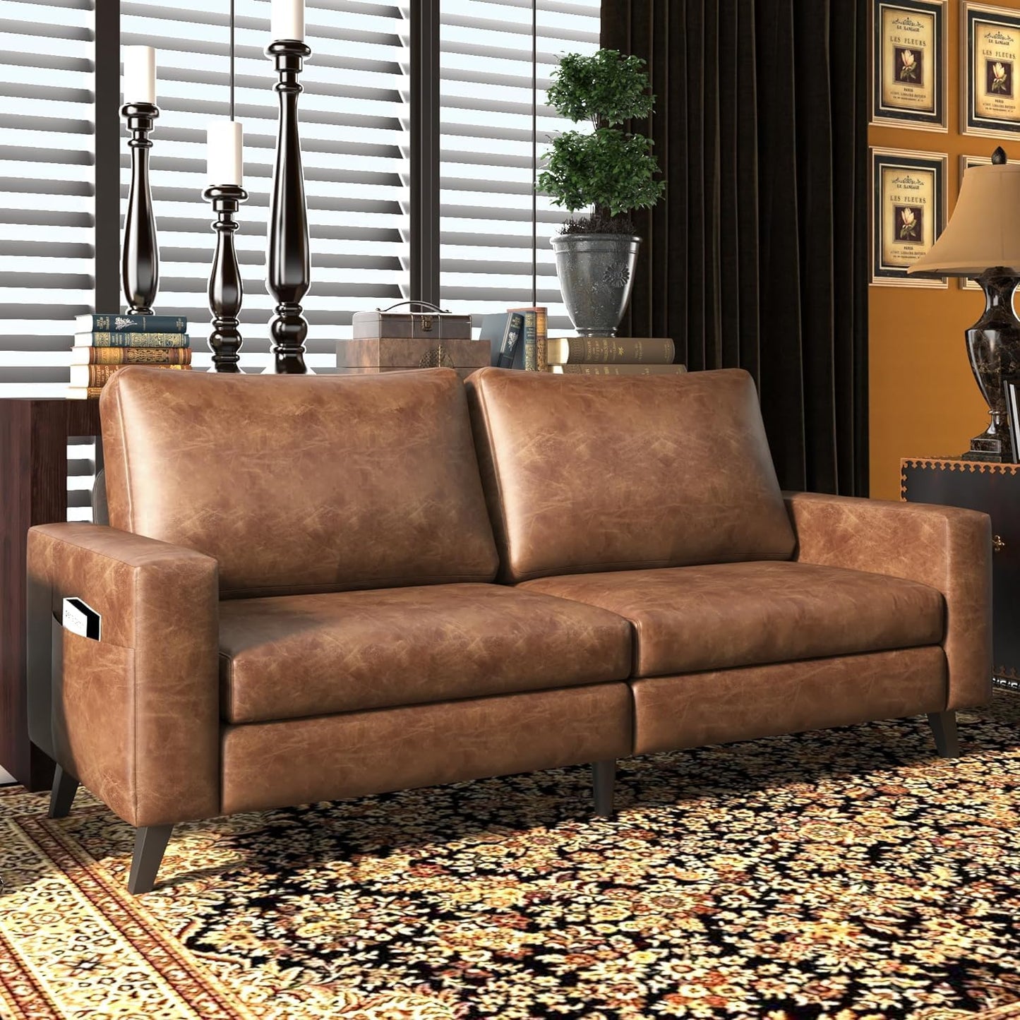YODOLLA 79 Inch Sofa Couch for Living Room, Faux Leather, Brown