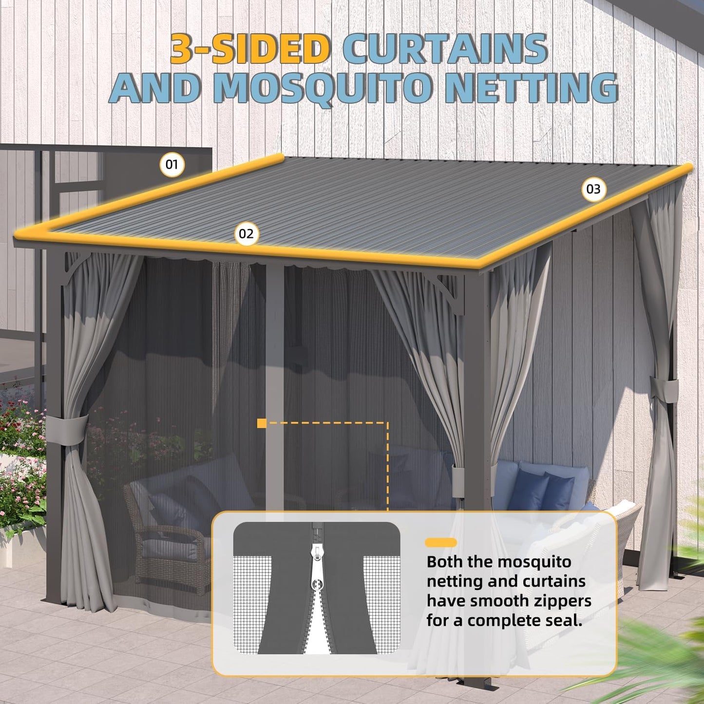 YODOLLA 2.4x2.4m Lean-to Gazebo with Curtains and Mosquito Netting