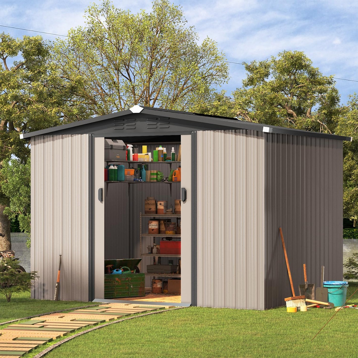 YODOLLA 8 x 6 Ft Outdoor Storage Tool Shed with Sliding Door, Gray