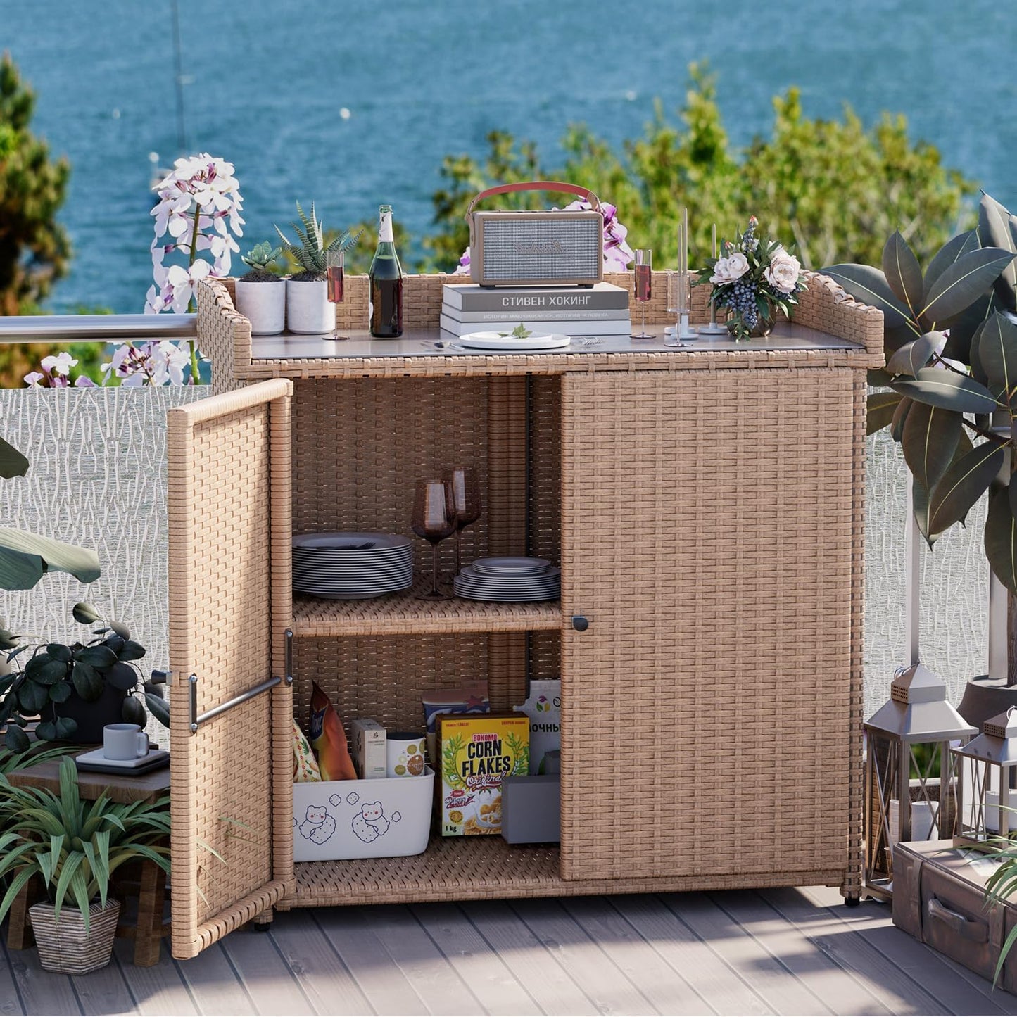 YODOLLA Outdoor Rattan Storage Cabinet, Waterproof, Beige