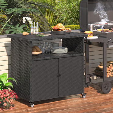 YODOLLA Outdoor Bar Cart, Patio Storage Grill Cart with Handles,Black
