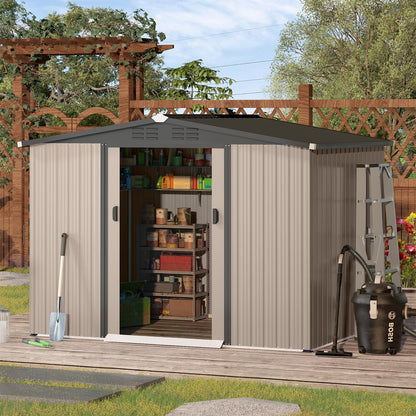 YODOLLA 8 x 6 Ft Outdoor Storage Tool Shed with Sliding Door, Gray