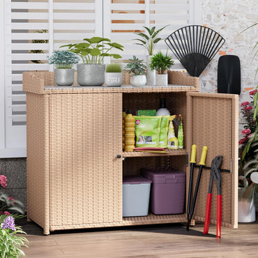 YODOLLA Outdoor Rattan Storage Cabinet, Waterproof, Beige
