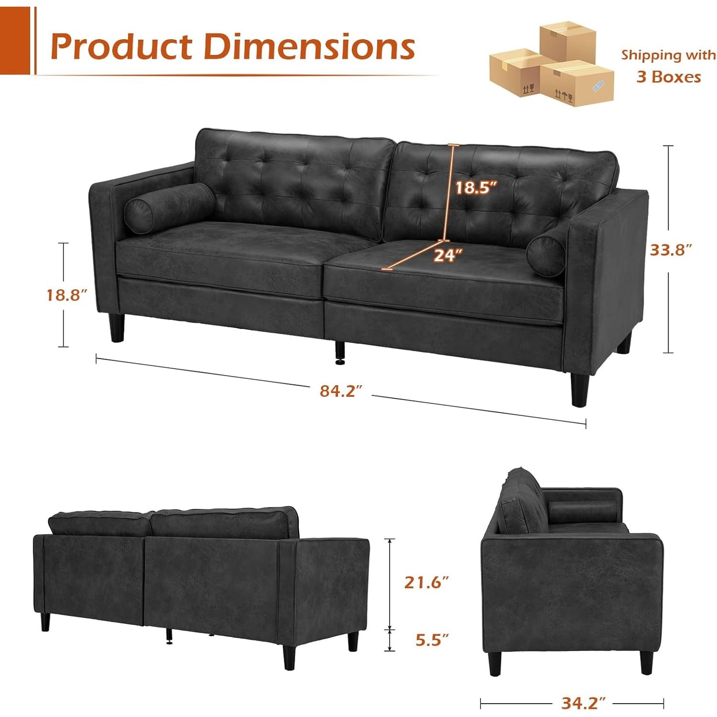 YODOLLA 84.2" 3-Seats Large Sofa Couch Couch, Faux Leather Black