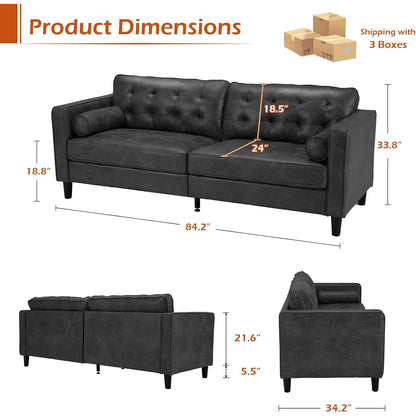 YODOLLA 84.2" 3-Seats Large Sofa Couch Couch, Faux Leather Black