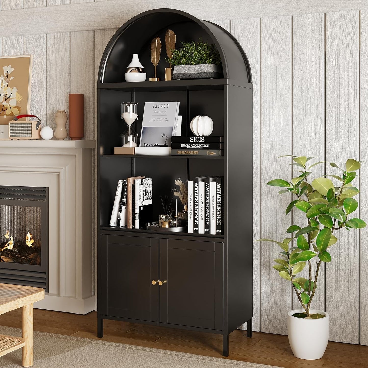YODOLLA 73'' Arched Cabinet, Metal Kitchen Pantry with Adjustable Shelves, Modern Arched Storage Bookcase Display Cabinet