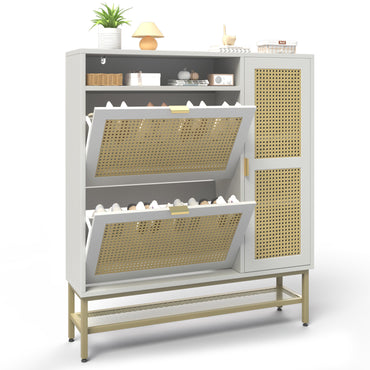YODOLLA Rattan Shoe Cabinet with 3 Flip Drawers, Brown