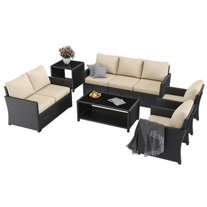 YODOLLA Patio Furniture Set with Two Table 7 PCS Outdoor Furniture, Black Ranttan Beige Cushion