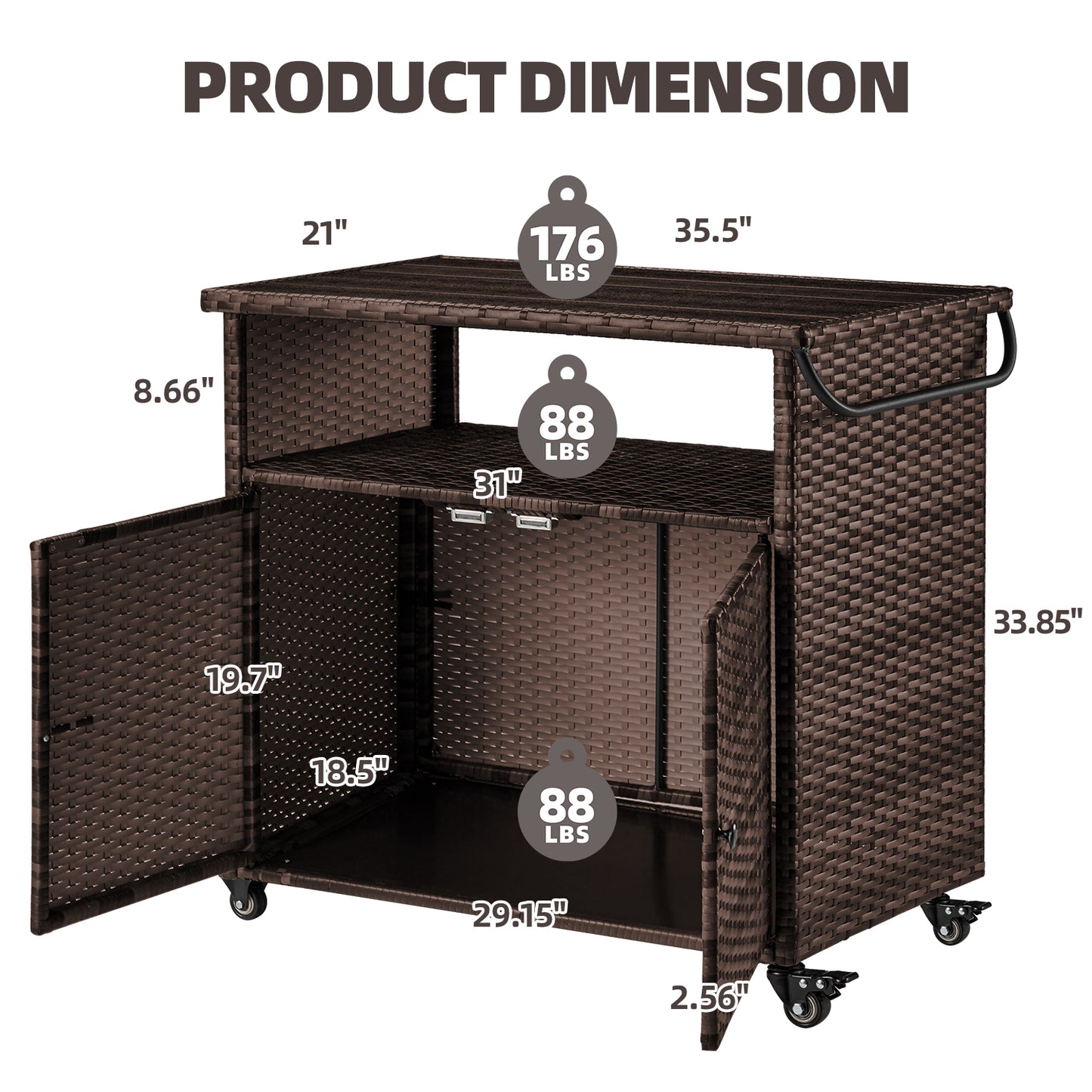 YODOLLA Outdoor Bar Cart, Patio Storage Grill Cart with Handles, Brown