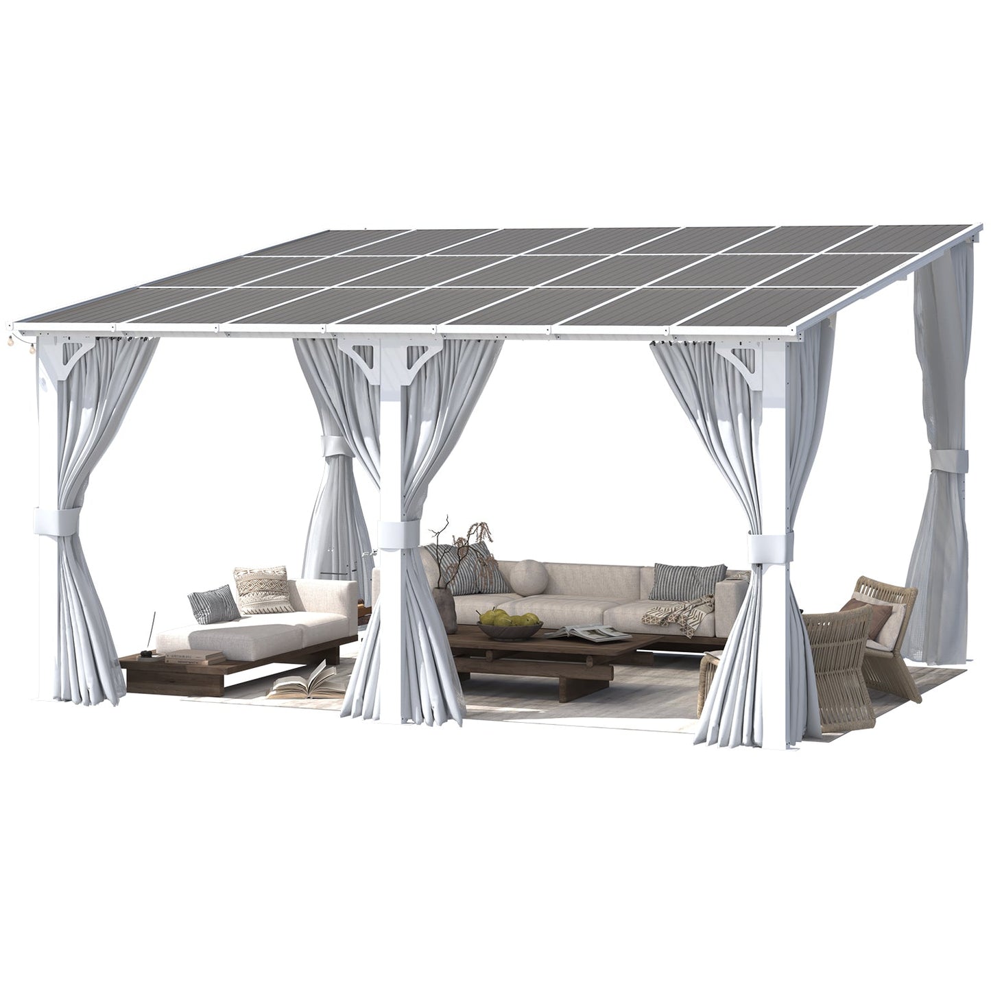 YODOLLA 14'x12' Outdoor Lean to Gazebo Pergola with Curtain and Netting for Patio, White