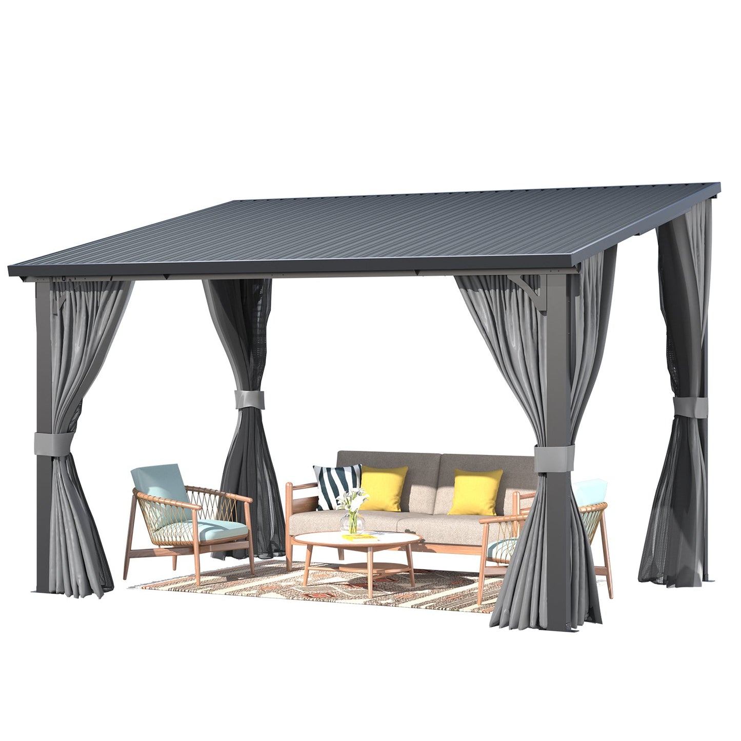 YODOLLA 12'x8' Outdoor Hardtop Gazebo Pergola with Curtains and Netting for Patio