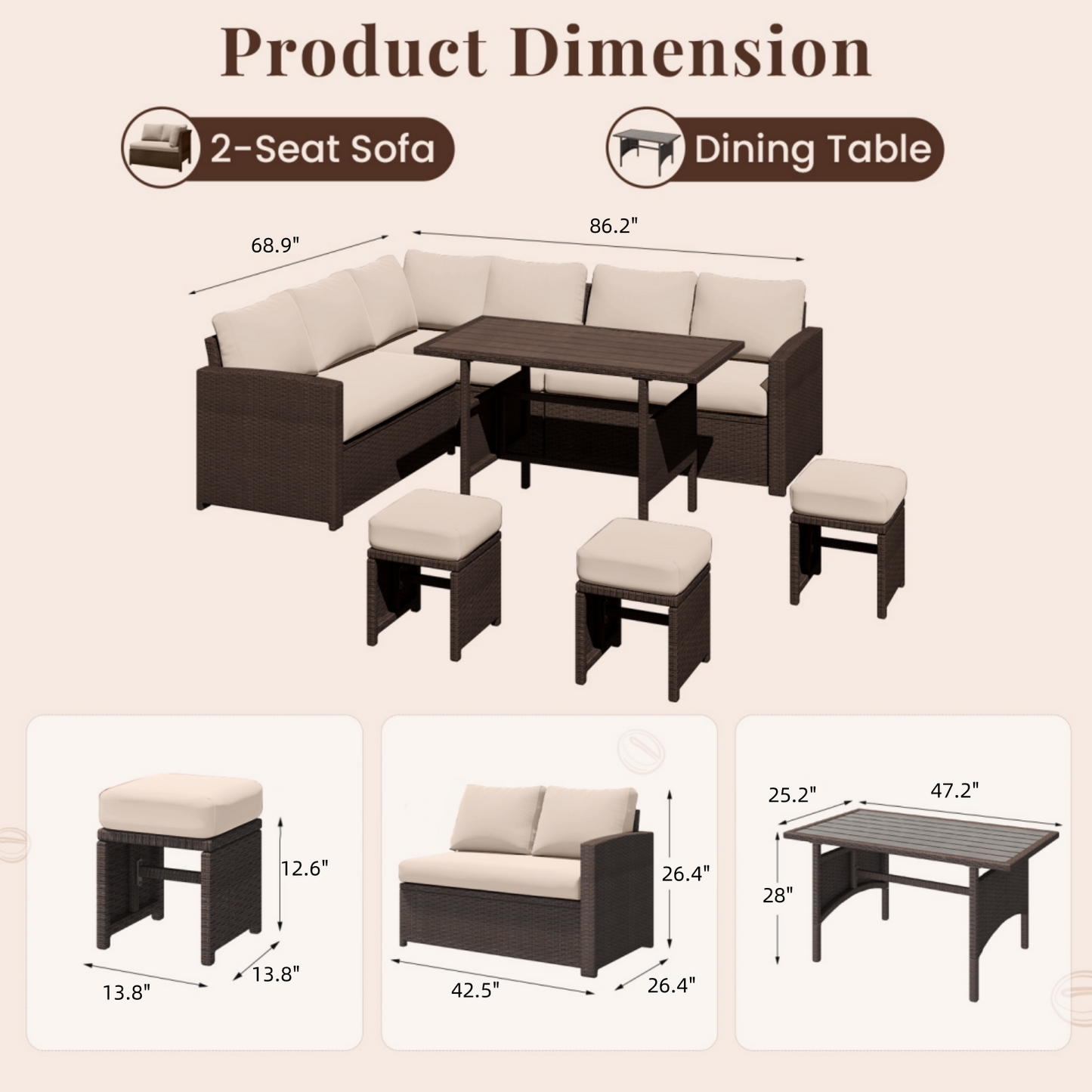 YODOLLA  7-Pc Patio Set, Brown Rattan & Khaki Cushions