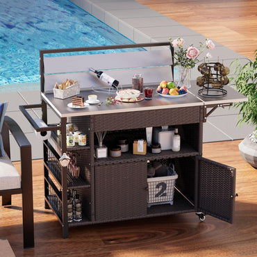 YODOLLA Outdoor Bar Cart with Rattan Storage Cabinet, Brown