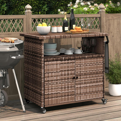 YODOLLA Outdoor Bar Cart, Patio Storage Grill Cart with Handles,Brown