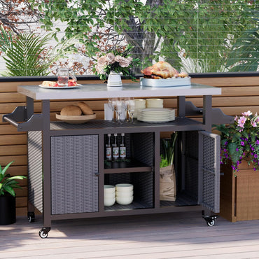 YODOLLA Rattan Outdoor Bar Cart with Wheels and Storage, Gray