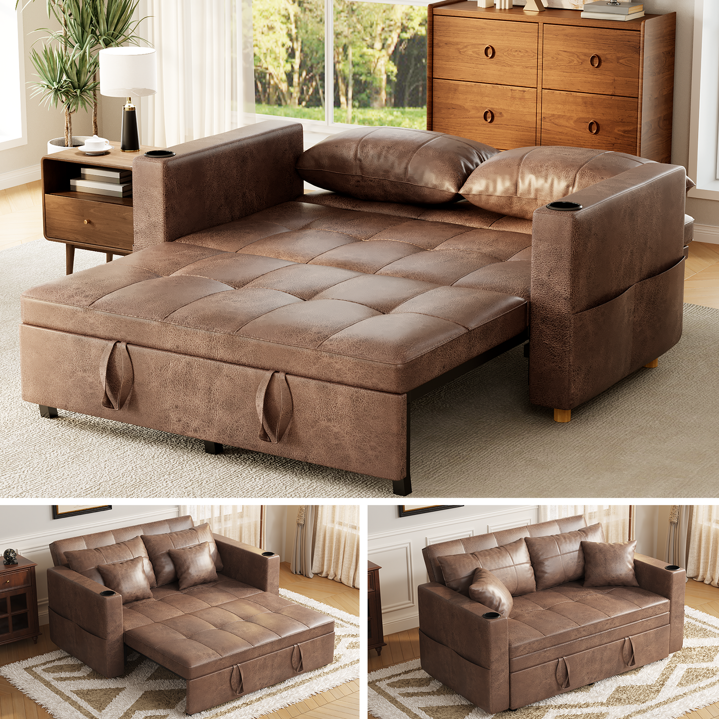 YODOLLA Sleeper Chair Bed, 63" Extra Wide Convertible Sofa Bed for Adults, Brown