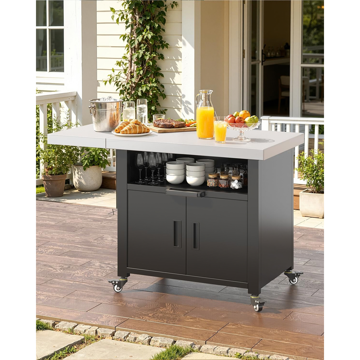 YODOLLA Outdoor Kitchen Island with Cabinet and 2 Side Table Movable Bar Cart