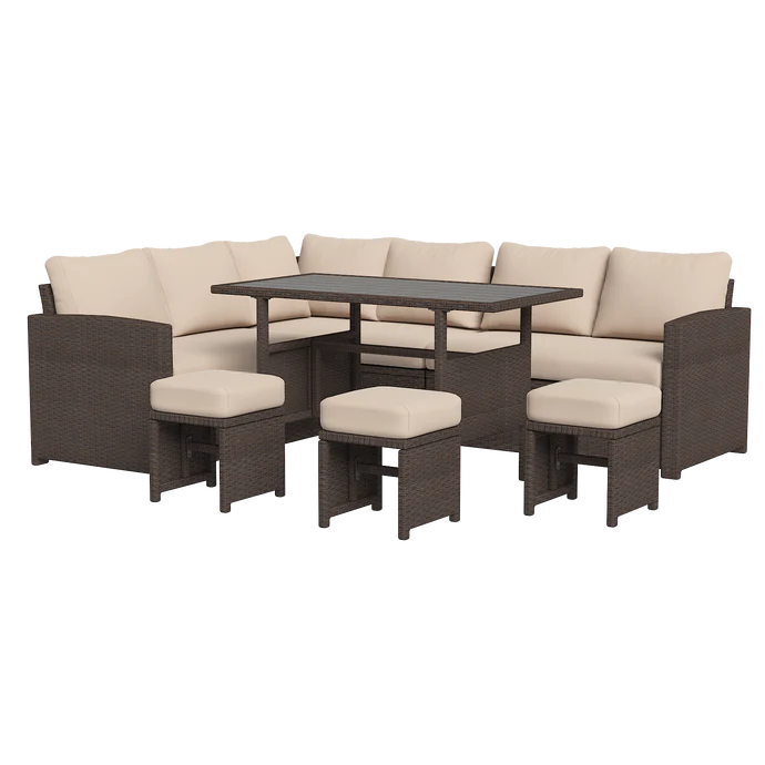 YODOLLA  7-Pc Patio Set, Brown Rattan & Khaki Cushions
